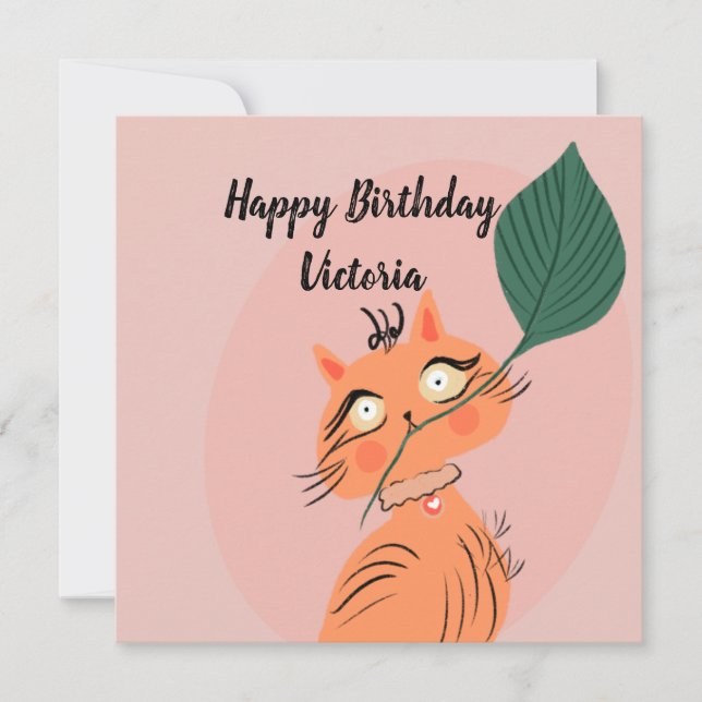 Funny Cat Plant Leaf Personalizado Cumpleaños (Anverso)