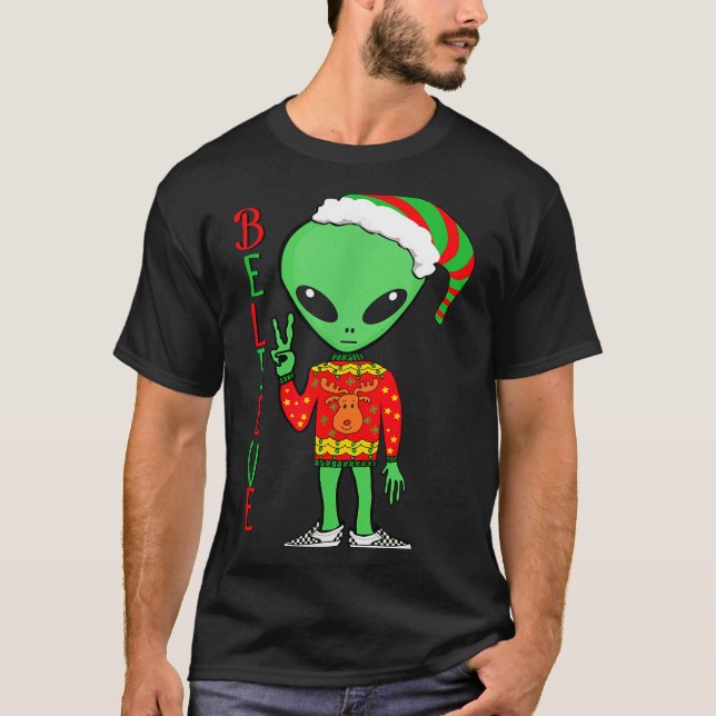 Funny Christmas Alien Ugly Sweater I Believe Santa (Anverso)