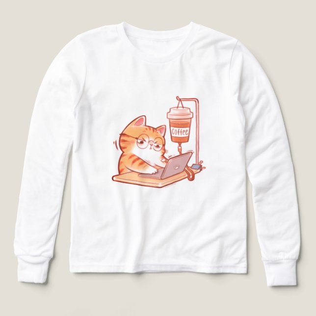 Funny Coffee Cat Shirt, Cute Overworked Programmer (Diseño frontal)