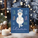 Funny Fa La Llama Fleece Navidad Navidades<br><div class="desc">La tarjeta de Navidades "Fa La La La La Llama" cuenta con una llama linda en gorra de invierno y Navidades con luces de fondo azul marino con saludo navideño "Fleece Navidad" y con un patrón de puntos polka pastel en el reverso. Arte de KL Stock.</div>