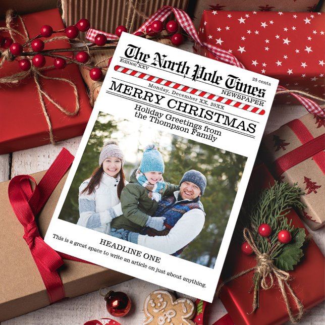 Funny Feliz Navidad Una Foto North Pole News (Christmas whimsical cute photo card with a fun Newspaper Style.)