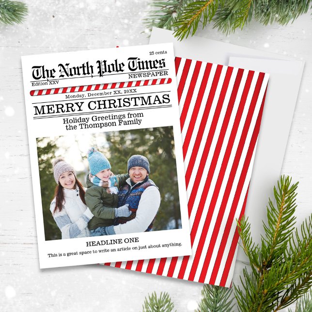 Funny Feliz Navidad Una Foto North Pole News (Christmas whimsical cute photo card with a fun Newspaper Style.)