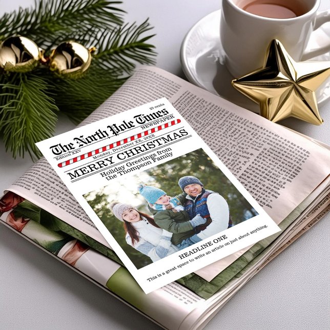 Funny Feliz Navidad Una Foto North Pole News (Merry Christmas classic Newspaper print photo holiday card. )