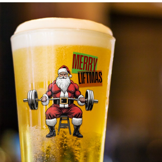 Funny Fitness Navidades Liftmas Barbell Santa Beer (Merry Liftmas!! A funny Swole Santa Beer Glass. A great gift for your personal trainer or coach.)