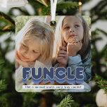 Funny Funcle Uncle Photo Navidades Ornamento Metal<br><div class="desc">El adorno de navidad de tío gracioso presenta una foto de cualquiera de los lados para que la reemplacen con la tuya,  y el lindo dicho "Funciona,  como un tío normal,  sólo mucho más frío".</div>