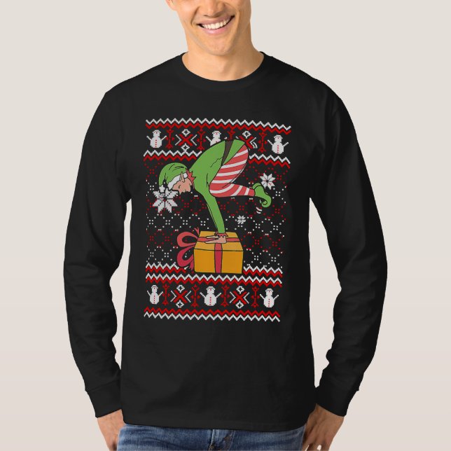 Funny Green Elf Do Yoga Ugly Christmas Sweater Nam (Anverso)