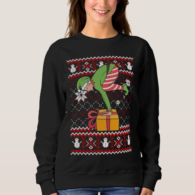Funny Green Elf Do Yoga Ugly Christmas Sweater Nam (Anverso)
