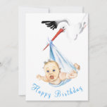 Funny Happy Birthday Card Stork llevando al bebé<br><div class="desc">Tarjetas de cumpleaños felices - Stork Cargar bebé Funny MGNED Diseño de pintura - Personalizable - o Agregar su texto / nombre</div>