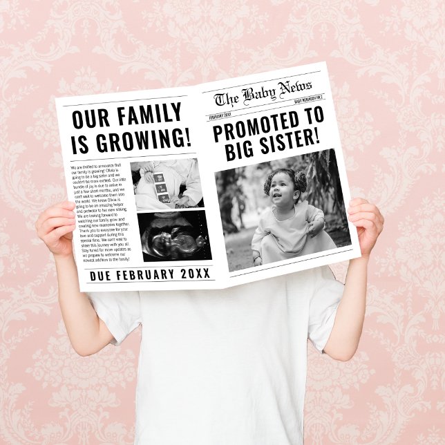 Funny Invitación de embarazo de hermana mayor de p (promoted to big sister newspaper sibling pregnancy announcement card)