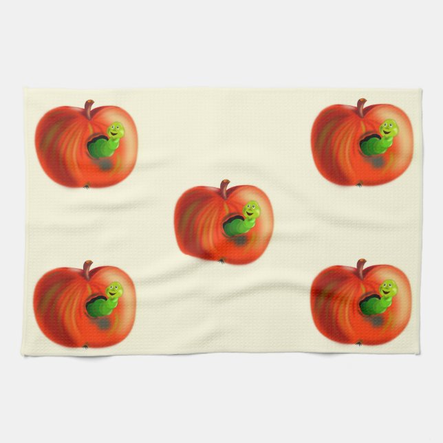 Funny Kitchen Toalla Happy Apple Worm Personalizab (Horizontal)