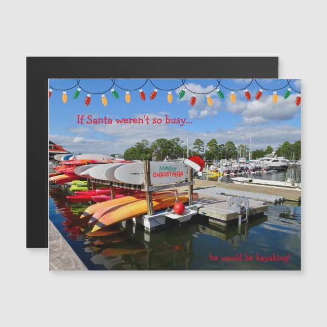 Funny Navidades Santa Kayak Magnetic Holiday Card (Anverso/Reverso)