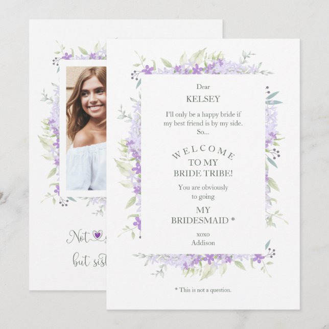 Funny Proposal Photo Bridesmaid Purple Wildflowers (Anverso / Reverso)