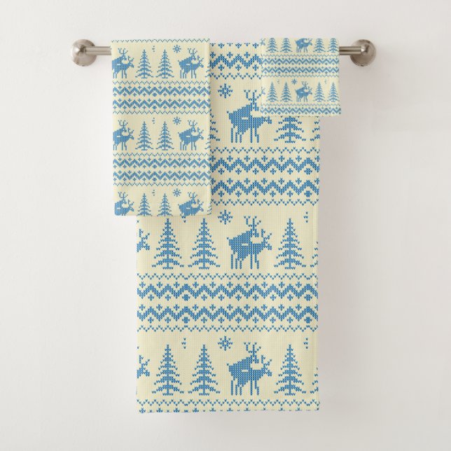 Funny Reindeer Christmas Tree Snow Blue Pattern (In situ)