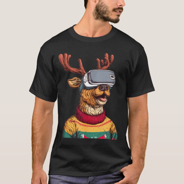 Funny Reindeer In Christmas Sweater And Vr Headset (Anverso)