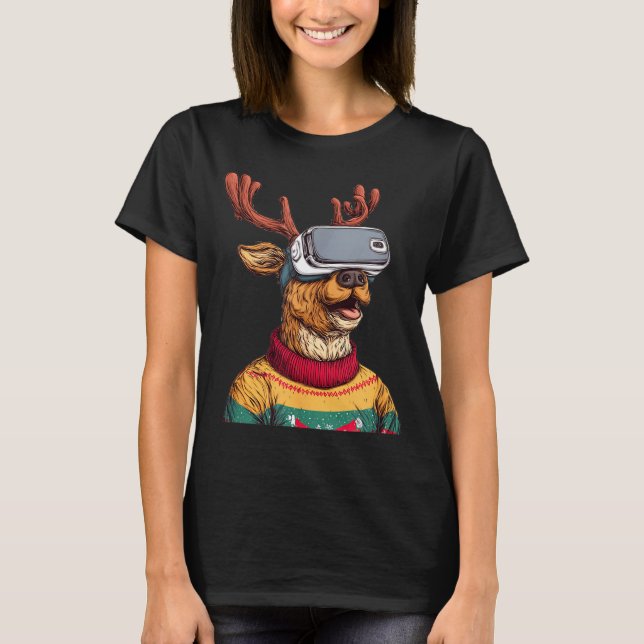 Funny Reindeer In Christmas Sweater And Vr Headset (Anverso)