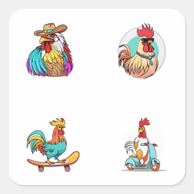 Funny Rooster Cartoon Character 4 Pegatinas Pack (Anverso)