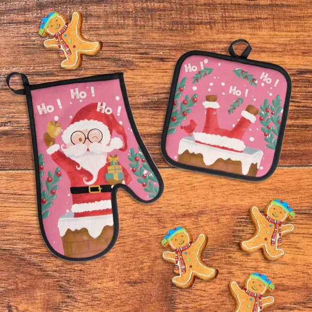 Funny Santa Pink Oven Mitt and Pot Holders Set (Subido por el creador)