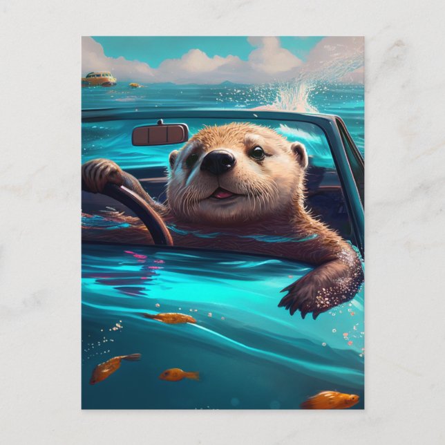 Funny Sea Otter Manejando en la tarjeta postal del (Anverso)