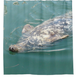 Funny Seal flotando en su cortina de ducha trasera