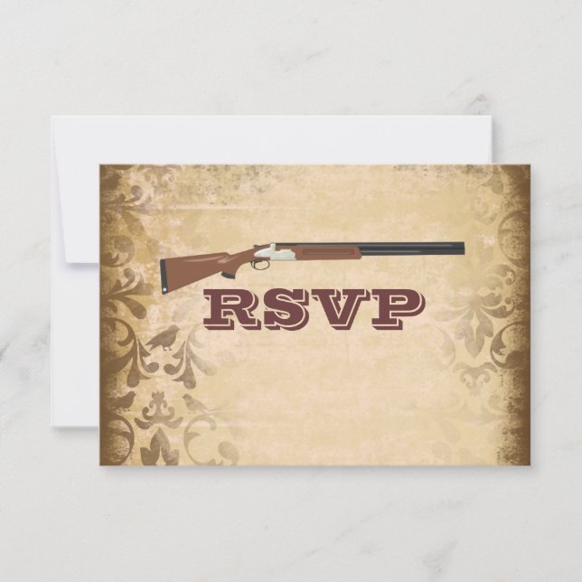 Funny Shotgun Boda Brown Damask RSVP Tarjetas (Anverso)