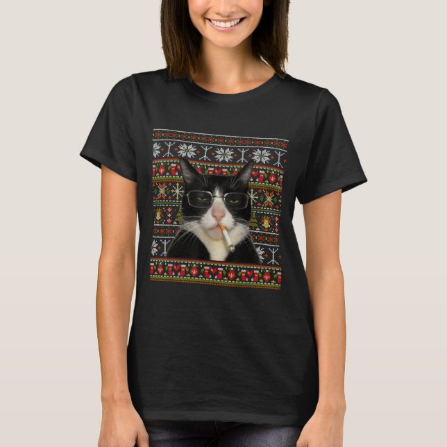 Funny Smoking Cat Meme Christmas Ugly Sweater Cat  (Anverso)