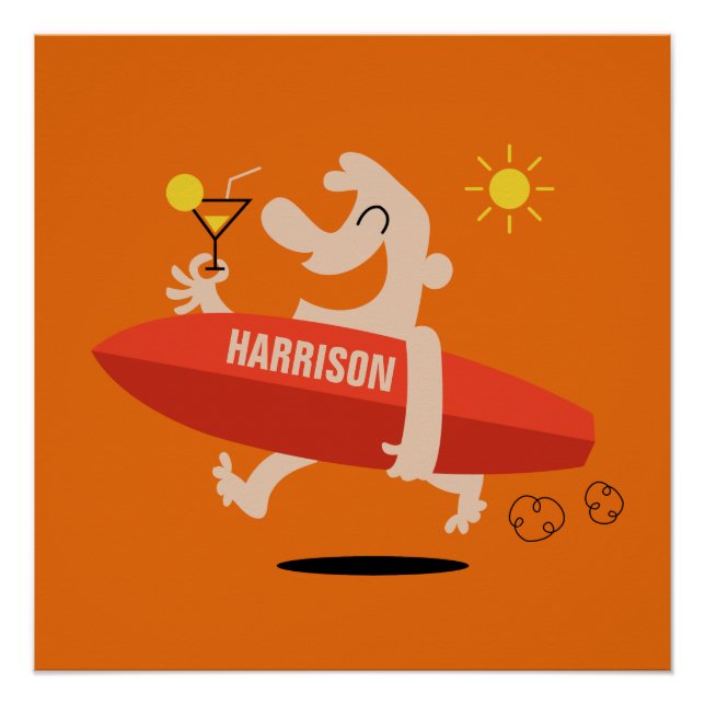 Funny Surfer con Cocktail poster de nombre persona (Anverso)