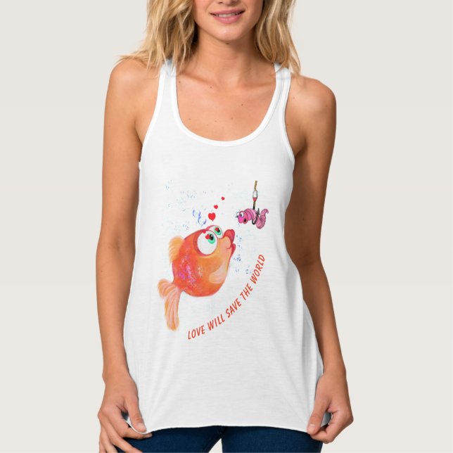Funny Tank Top Happy Fish and Worm - Texto Persona (Anverso)