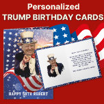 Funny tarjeta de cumpleaños 50 DONALD TRUMP<br><div class="desc">Funny DONALD TRUMP 50th BIRTHDAY CARD con TRUMP vestido como TÍO SAM. Se pueden modificar todo el texto y las fuentes.</div>