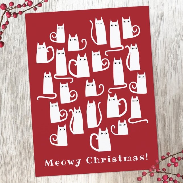Funny tarjeta postal de festividad para Navidades  (Red and white cat fun holiday postcard)