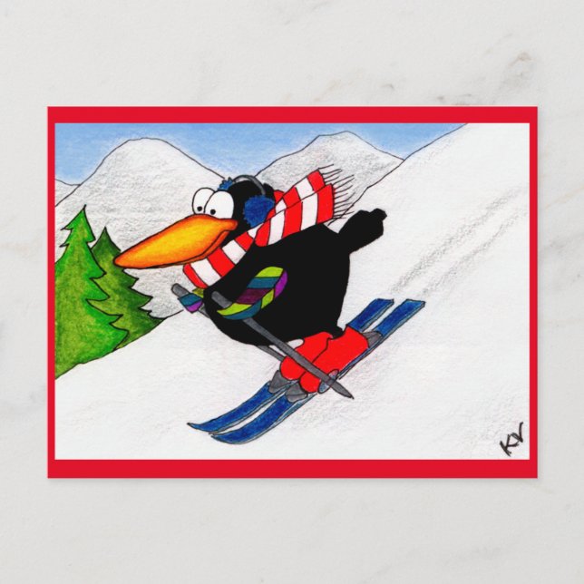 Funny tarjeta postal de vacaciones Crow Winter Ski (Anverso)