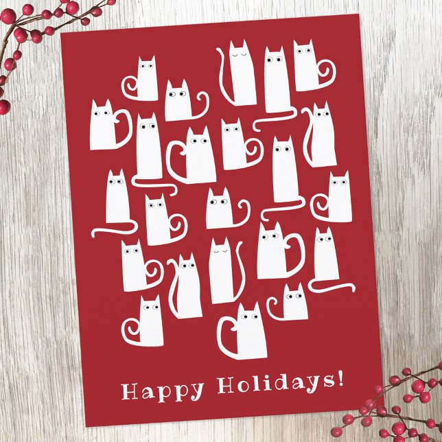 Funny tarjeta postal de vacaciones para Navidades  (Red and white cat fun holiday postcard)