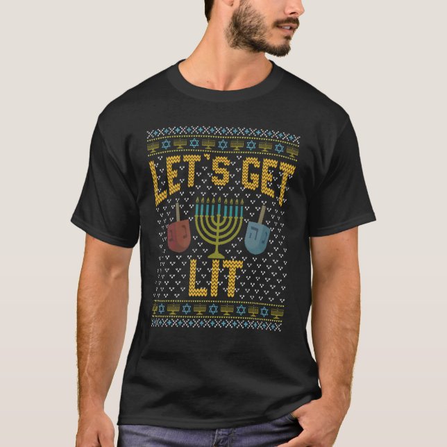 Funny Ugly Hanukkah Sweater  Let's Get Lit Drinkin (Anverso)