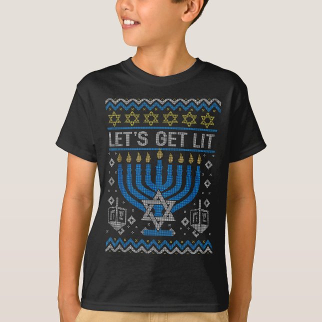Funny Ugly Hanukkah Sweater Lets Get Lit Menorah J (Anverso)