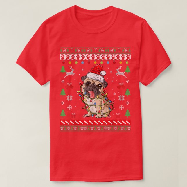 Funny Ugly Sweater Christmas Lights Pug Santa Dog  (Diseño del anverso)