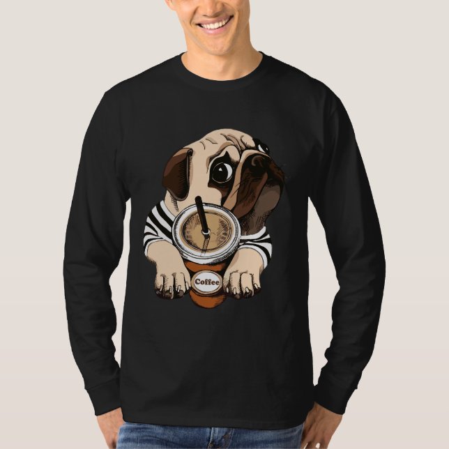 Funy Pug y café camiseta de manga larga Unisex Tri (Anverso)