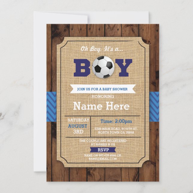 Fútbol Baby Shower Boy Blue Wood Invitación (Anverso)