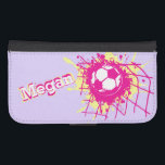 Fútbol chica amarillo rosa morado llamado funda fl<br><div class="desc">Fútbol rosa brillante,  amarillo y morado / baloncesto de fútbol salpicado en la parte de atrás del estuche de teléfono celular para chicas/net. Ideal para futbolistas chicas y futbolistas femeninas,  personaliza con tu propio nombre actualmente lee Megan. Diseñado por Sarah Trett.</div>