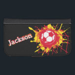 Fútbol rojo amarillo / gol de fútbol llamado funda<br><div class="desc">Fútbol amarillo brillante y rojo (español) / baloncesto de fútbol salpicado en la parte trasera del estuche de teléfono celular para niños/net. Ideal para aficionados al fútbol o al fútbol,  personalízate con tu propio nombre actualmente lee Jackson. Diseñado por Sarah Trett.</div>
