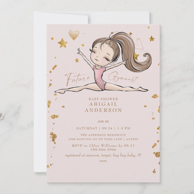 Futura invitación para Rubor Gymnast Baby Shower (Anverso)