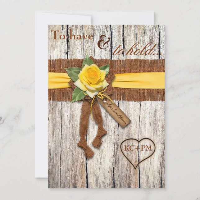 FUX Burlap, Wood, Yellow Rose Wedding Invitación (Anverso)