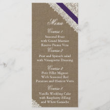 FUX Burlap y tarjetas de menú boda de encaje púrpu