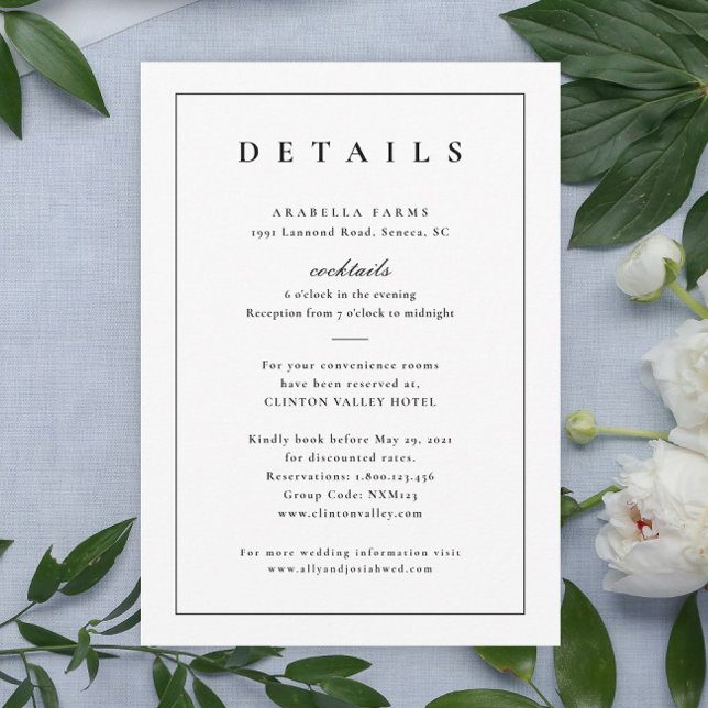 Gabinete de detalles de Bodas blancos y negros clá (Simple Typographic Wedding Invitation Details Enclosure Card.)