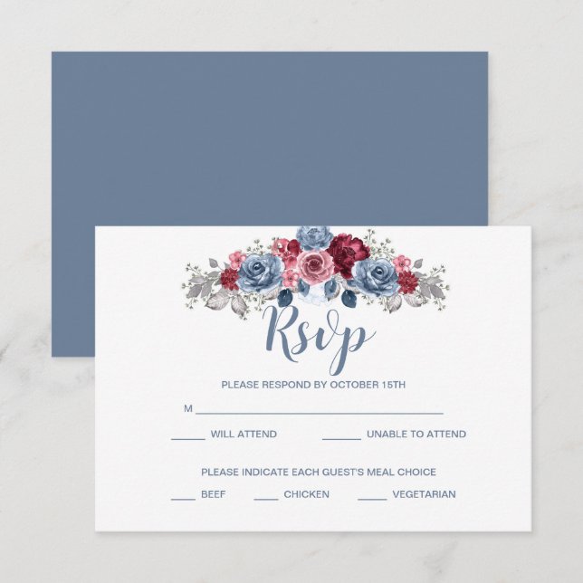 Gabinete RSVP de Dusty Blue y Burgundy Wedding (Anverso / Reverso)