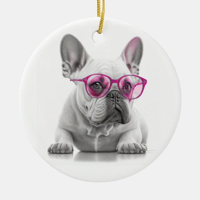 Gafas de Bulldog rosa francés Decoración cerámica (Frente)