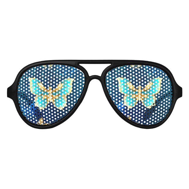 Gafas De Fiesta De Aviador Mariposas doradas sobre fondo azul (Anverso)