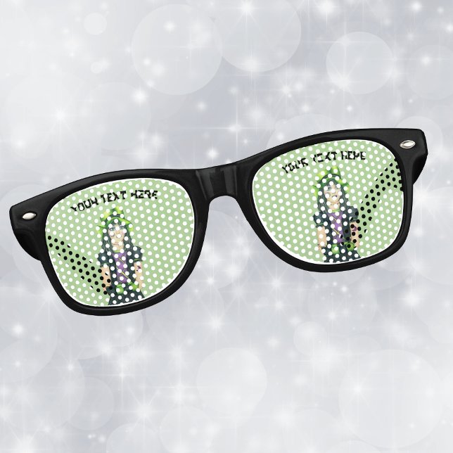 Gafas De Fiesta Retro Chica espeluznante Gorra verde y vestido negro de  (Spooky girl green black hair green hat black dress on green retro party glasses.)