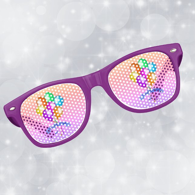 Gafas De Fiesta Retro Fun Bunch Feliz cumpleaños Fiesta Globos Cinta (Bright bunch festive colourful balloons Happy Birthday on pink, peach, purple retro party glasses.)