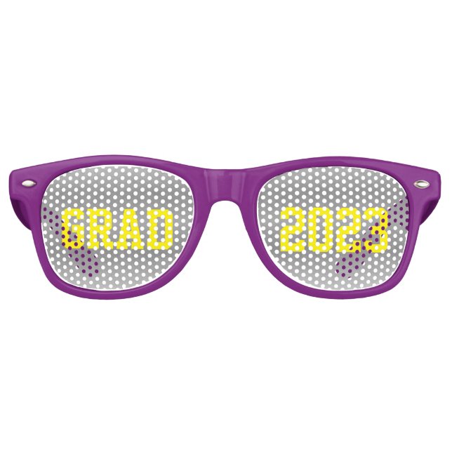 Gafas De Fiesta Retro GRAD 2023 con letras amarillas y fondo gris (Anverso)
