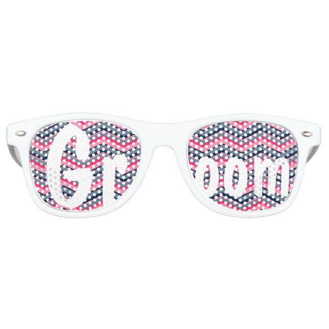 Gafas De Fiesta Retro Moderno neón rosa azul marino chevron boda Groom (Anverso)