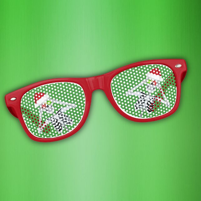 Gafas De Fiesta Retro Navidades graciosos esqueletonan ornamentos de Gor (Funny Christmas Skeleton in Santa Hat Holding ornaments on Red Retro Party glasses.)
